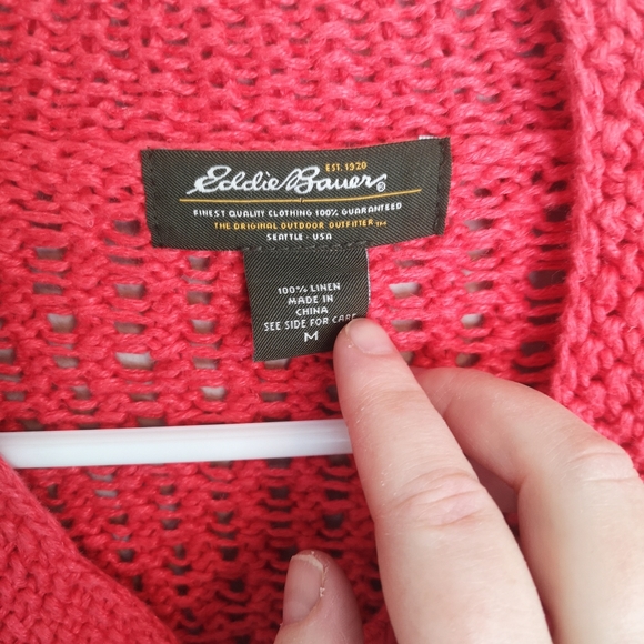 100% Linen Eddie Bauer Open Front Knit Cardigan Bright Coral 3/4 sleeve Size M - Picture 3 of 11